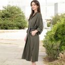  Long Sleeve Button-Down Midi Shirt Dress with Pockets