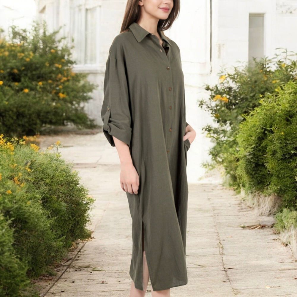 Long Sleeve Button-Down Midi Shirt Dress with Pockets