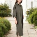  Long Sleeve Button-Down Midi Shirt Dress with Pockets