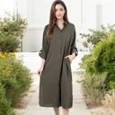 Green Large Long Sleeve Button-Down Midi Shirt Dress with Pockets