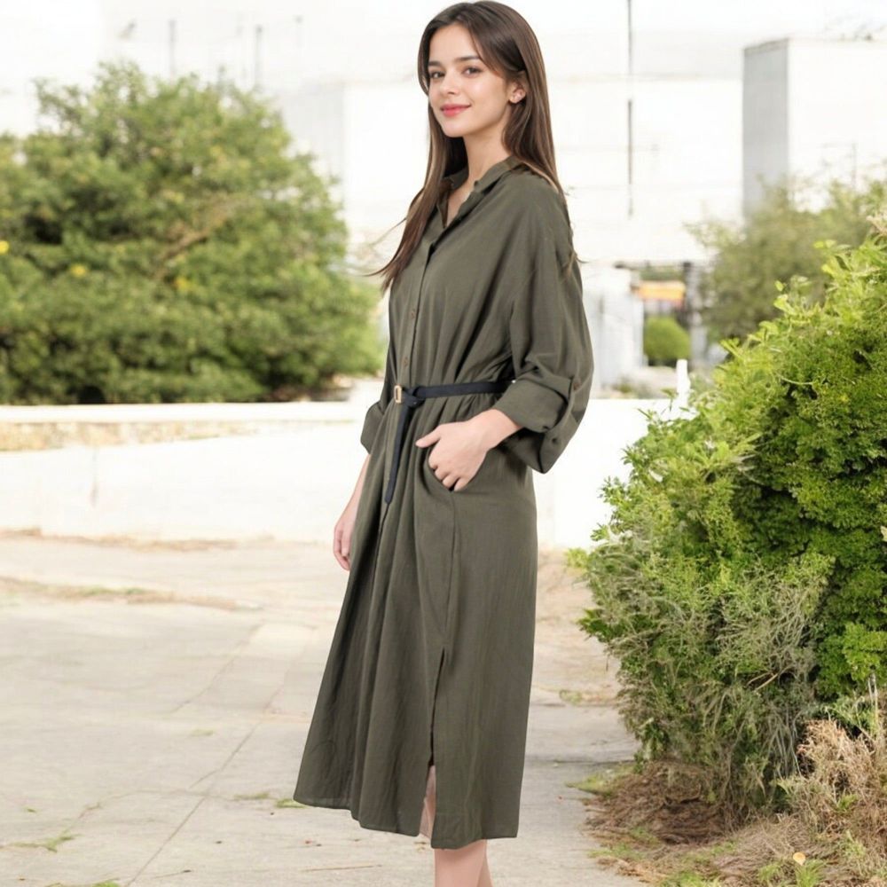 Long Sleeve Button-Down Midi Shirt Dress with Pockets