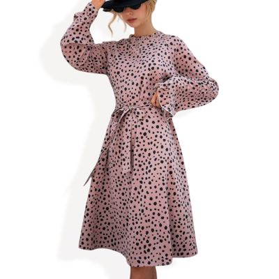 Long Sleeve Printed Midi Dress with Ruffle Trim and Waist Tie