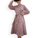  Long Sleeve Printed Midi Dress with Ruffle Trim and Waist Tie