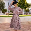 Pink Large Long Sleeve Printed Midi Dress with Ruffle Trim and Waist Tie