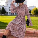 Pink Large Long Sleeve Printed Midi Dress with Ruffle Trim and Waist Tie