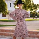 Pink Large Long Sleeve Printed Midi Dress with Ruffle Trim and Waist Tie