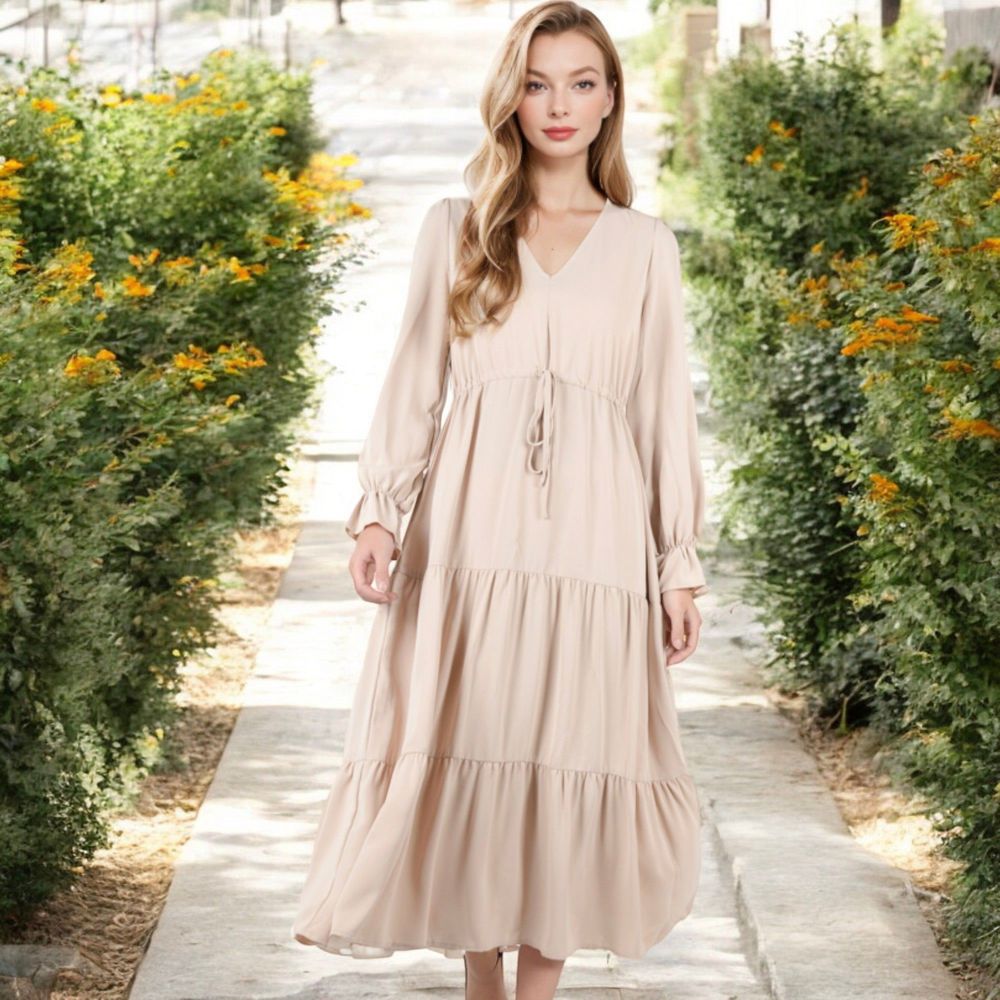 Long Sleeve V-Neck Tiered Maxi Dress with Drawstring Waist