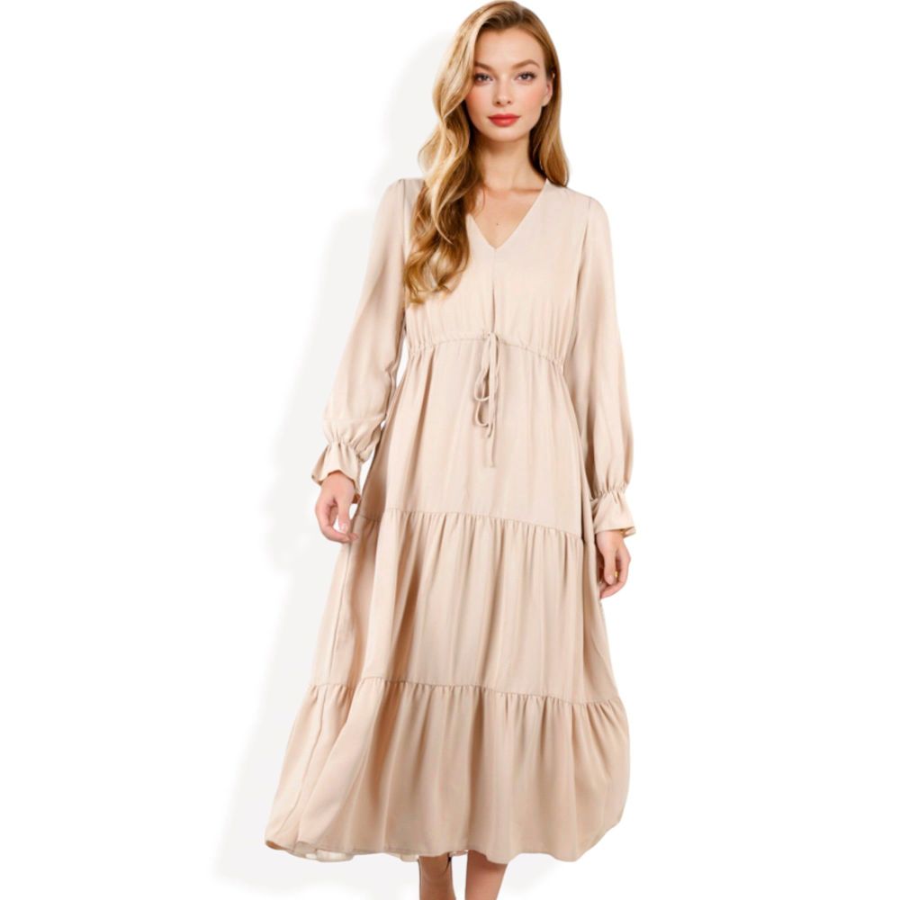 Long Sleeve V-Neck Tiered Maxi Dress with Drawstring Waist