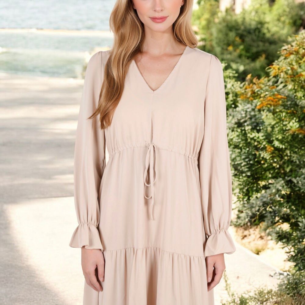 Long Sleeve V-Neck Tiered Maxi Dress with Drawstring Waist