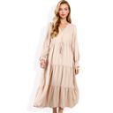 Beige XL Long Sleeve V-Neck Tiered Maxi Dress with Drawstring Waist