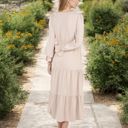 Beige XL Long Sleeve V-Neck Tiered Maxi Dress with Drawstring Waist