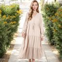 Beige XL Long Sleeve V-Neck Tiered Maxi Dress with Drawstring Waist