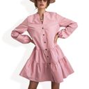 Pink Large Long Sleeve Button-Down Tiered Mini Dress with Stand Collar