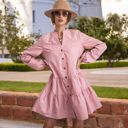 Pink Large Long Sleeve Button-Down Tiered Mini Dress with Stand Collar