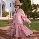 Pink Large Long Sleeve Button-Down Tiered Mini Dress with Stand Collar