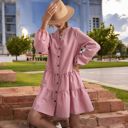 Pink Large Long Sleeve Button-Down Tiered Mini Dress with Stand Collar