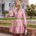 Pink Large Long Sleeve Button-Down Tiered Mini Dress with Stand Collar