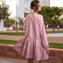 Pink Large Long Sleeve Button-Down Tiered Mini Dress with Stand Collar