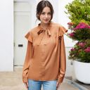 Brown Large Long Sleeve Button Down Blouse with Ruffle Details and Bow Tie Neck