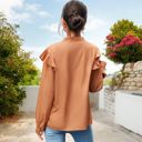 Brown Large Long Sleeve Button Down Blouse with Ruffle Details and Bow Tie Neck