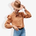 Brown Medium Long Sleeve Button Down Blouse with Ruffle Details and Bow Tie Neck