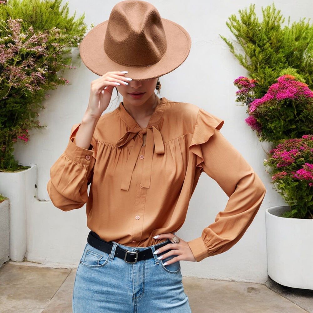 Long Sleeve Button Down Blouse with Ruffle Details and Bow Tie Neck