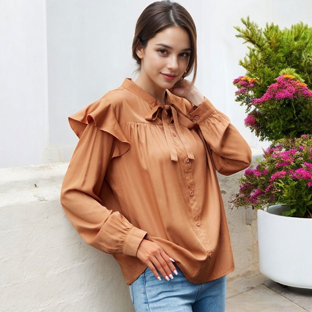 Long Sleeve Button Down Blouse with Ruffle Details and Bow Tie Neck