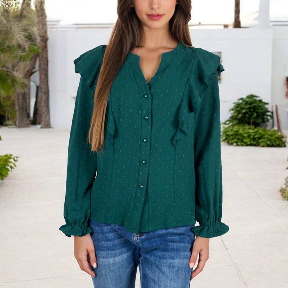 Long Sleeve Ruffled Blouse with Textured Dot Pattern and Button Front