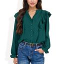 Green Large Long Sleeve Ruffled Blouse with Textured Dot Pattern and Button Front