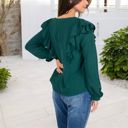 Green Large Long Sleeve Ruffled Blouse with Textured Dot Pattern and Button Front