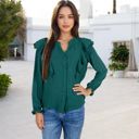 Green Large Long Sleeve Ruffled Blouse with Textured Dot Pattern and Button Front