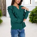 Green Large Long Sleeve Ruffled Blouse with Textured Dot Pattern and Button Front