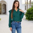 Green Large Long Sleeve Ruffled Blouse with Textured Dot Pattern and Button Front