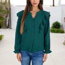 Green Large Long Sleeve Ruffled Blouse with Textured Dot Pattern and Button Front