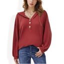 Red Large Long Sleeve Waffle Knit Pullover Hoodie with Button Detail