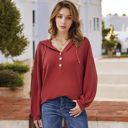 Red Large Long Sleeve Waffle Knit Pullover Hoodie with Button Detail