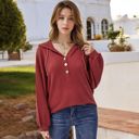 Red Large Long Sleeve Waffle Knit Pullover Hoodie with Button Detail