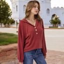 Red Large Long Sleeve Waffle Knit Pullover Hoodie with Button Detail