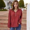 Red Large Long Sleeve Waffle Knit Pullover Hoodie with Button Detail