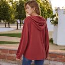 Red Large Long Sleeve Waffle Knit Pullover Hoodie with Button Detail