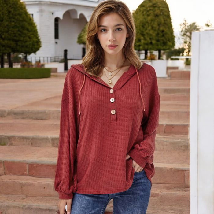 Long Sleeve Waffle Knit Pullover Hoodie with Button Detail