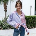 Pink Large Color Block Contrast Striped Button Down Collard Shirt