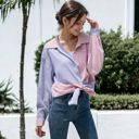 Pink Large Color Block Contrast Striped Button Down Collard Shirt