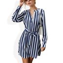 Blue Large Long Sleeve Striped Mini Dress with Tie Waist