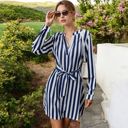 Blue Large Long Sleeve Striped Mini Dress with Tie Waist