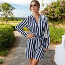 Blue Large Long Sleeve Striped Mini Dress with Tie Waist