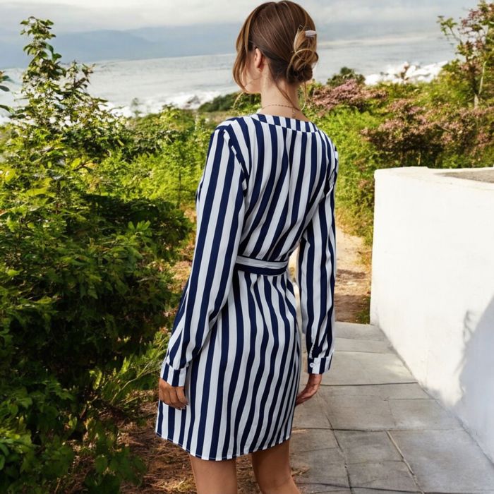 Long Sleeve Striped Mini Dress with Tie Waist