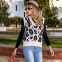 Beige Large Sleeveless Animal Print Sweater Vest with V-Neck