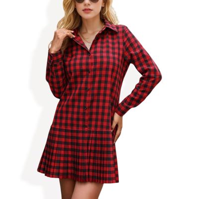 Long Sleeve Plaid Button-Up Shirt Dress with Pleated Hem