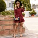 Red Large Long Sleeve Plaid Button-Up Shirt Dress with Pleated Hem